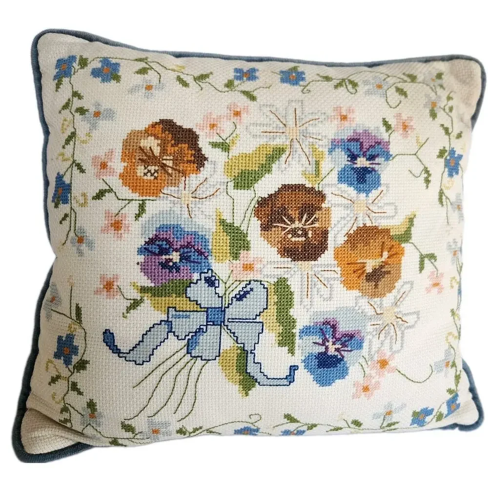 Vintage Hand Embroidered Needlepoint Granny Cottagecore Floral Throw Pillow